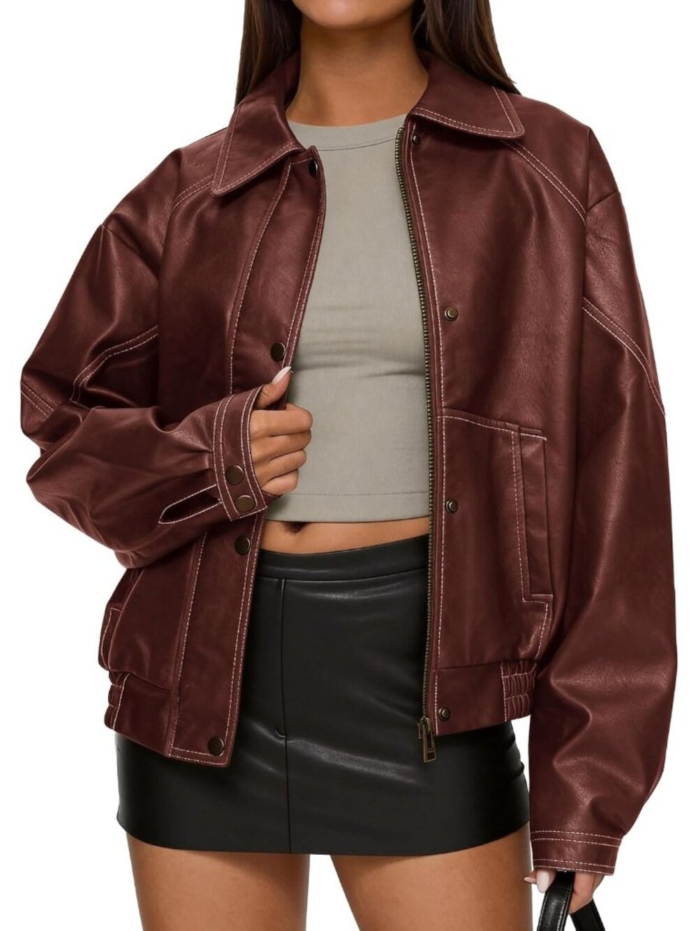 Women's Brick Red Leather Bomber Fall Trendy Jacket Faux Oversized Zip Up Coat